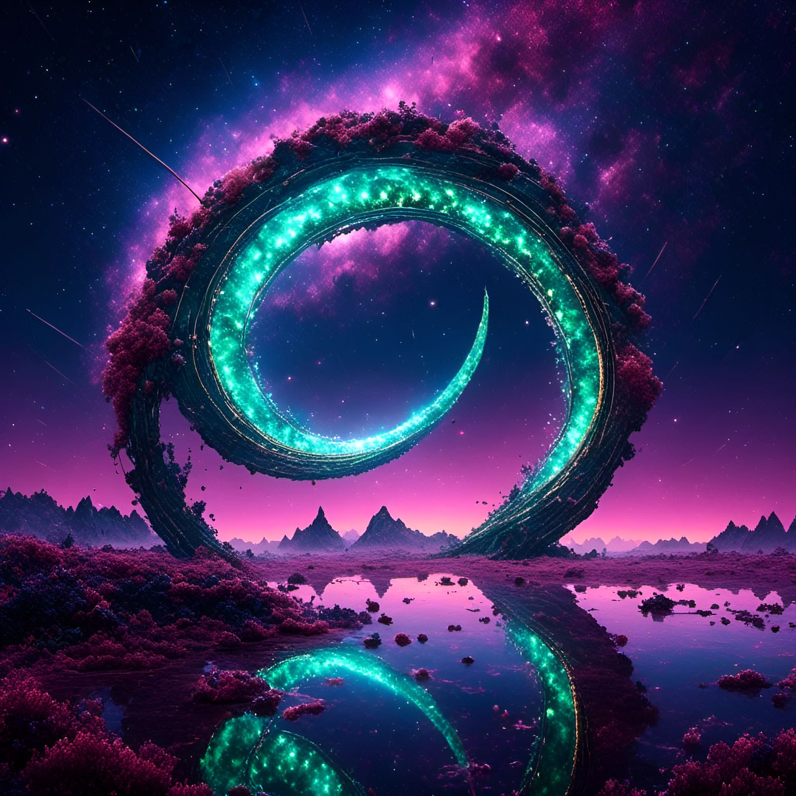 Bio-luminescent Snake Portal Reflecting in Lake