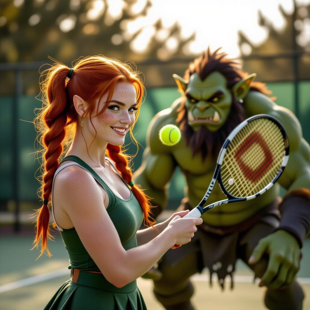 Elf and Ogre Compete in a Tennis Match