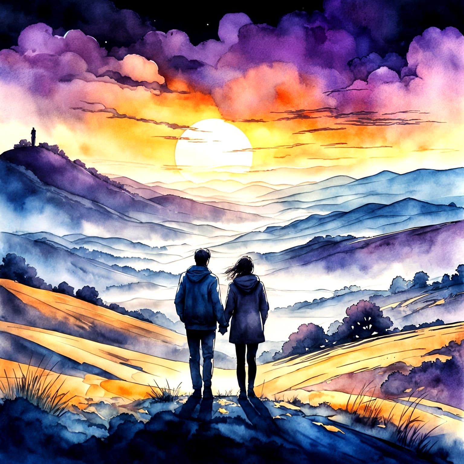 Watercolor Silhouette: Couple Embracing at Sunset