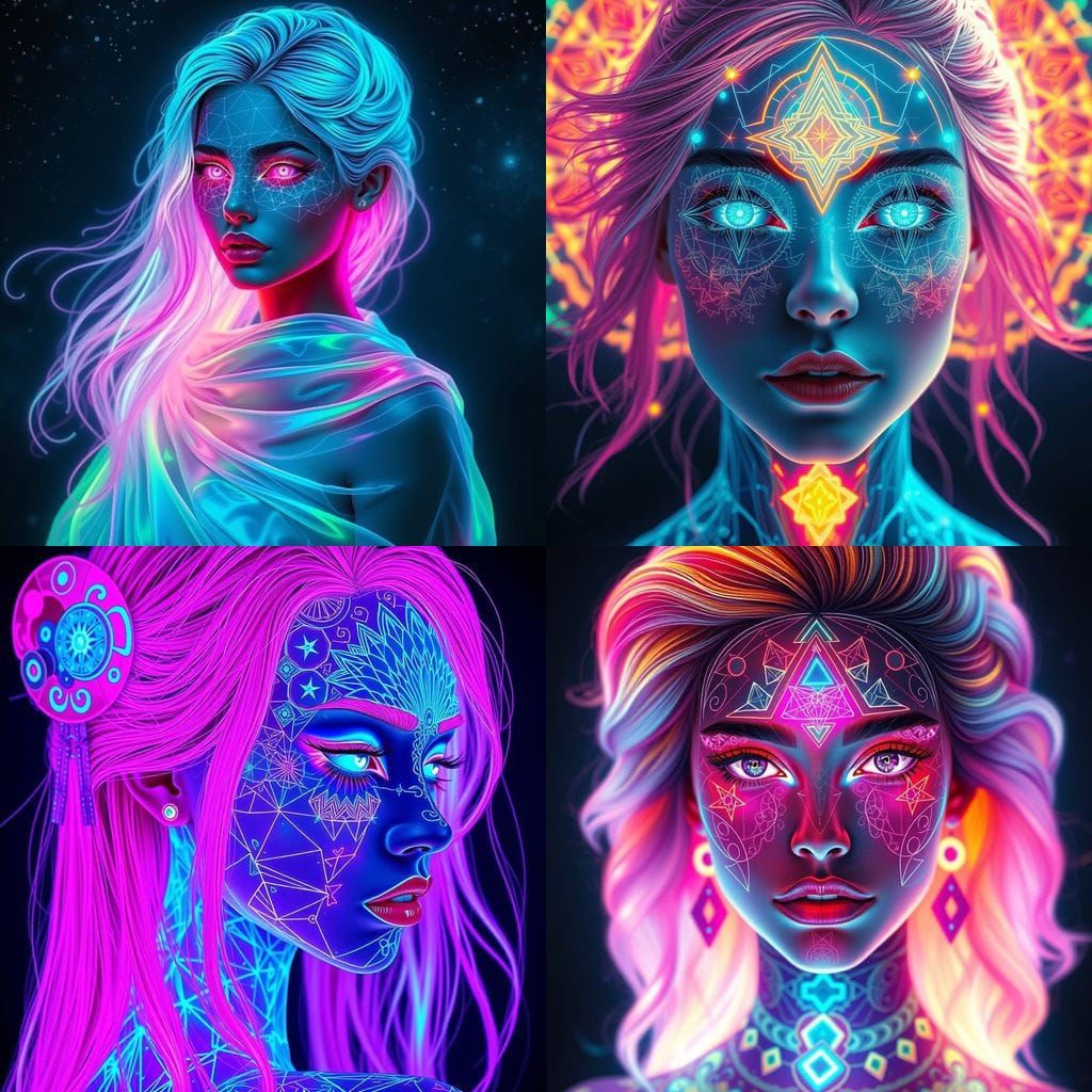 Ethereal Holographic Goddess in Vibrant Geometric Patterns