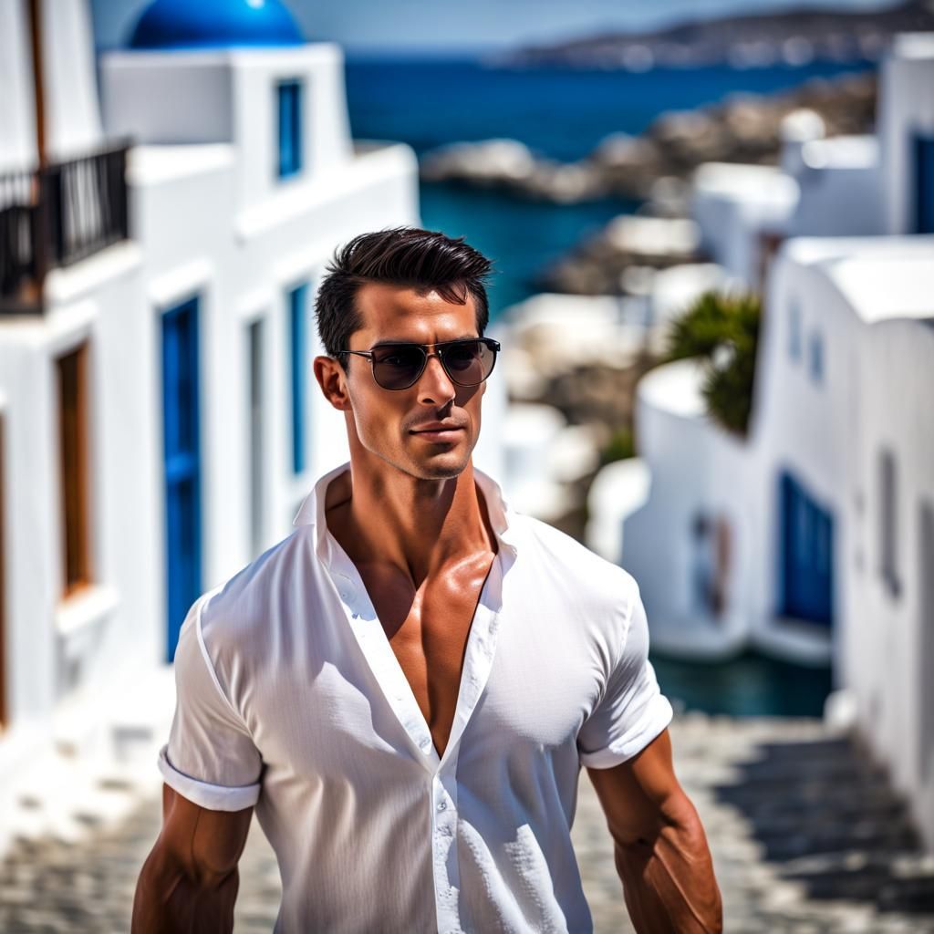 Handsome Bodybuilder Wanders Mykonos in Professional Photo