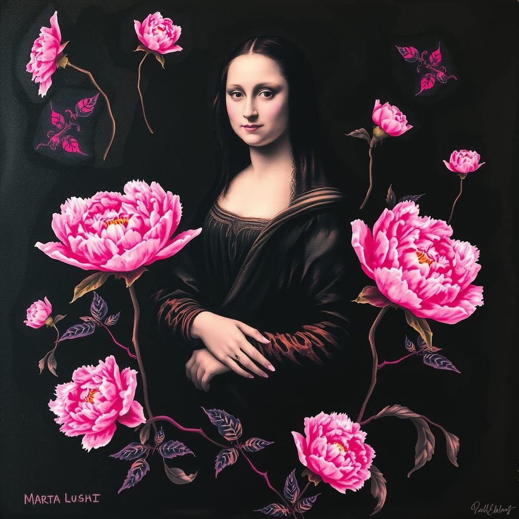 Otherworldly Rorschach Mona Lisa with Pink Peonies