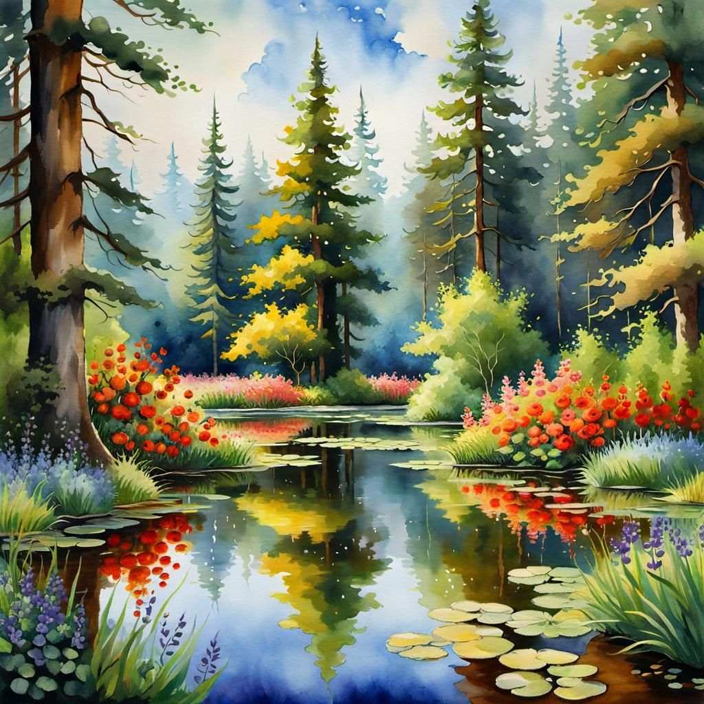 Reflective Pond: Watercolor Forest Illustration