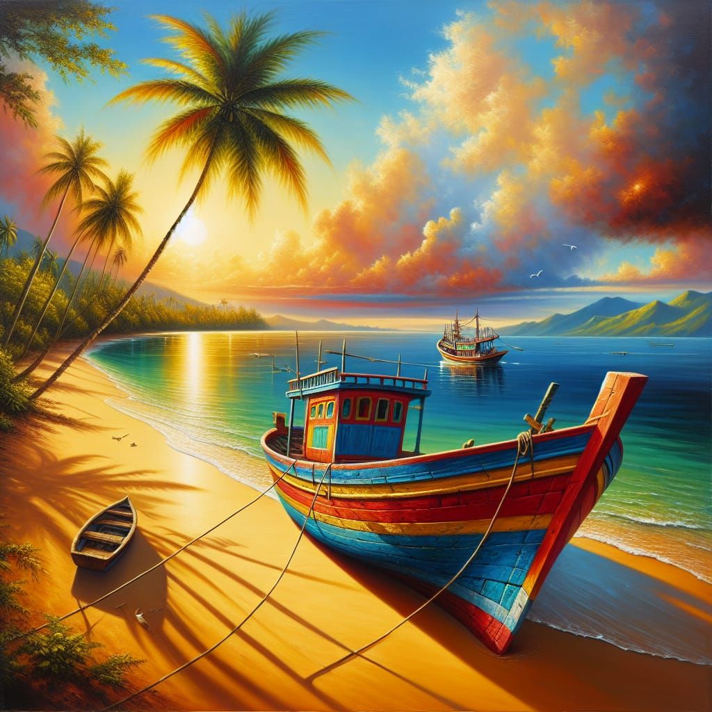 Serene Tropical Beach Scene with Colourful Wooden Fishing Bo...