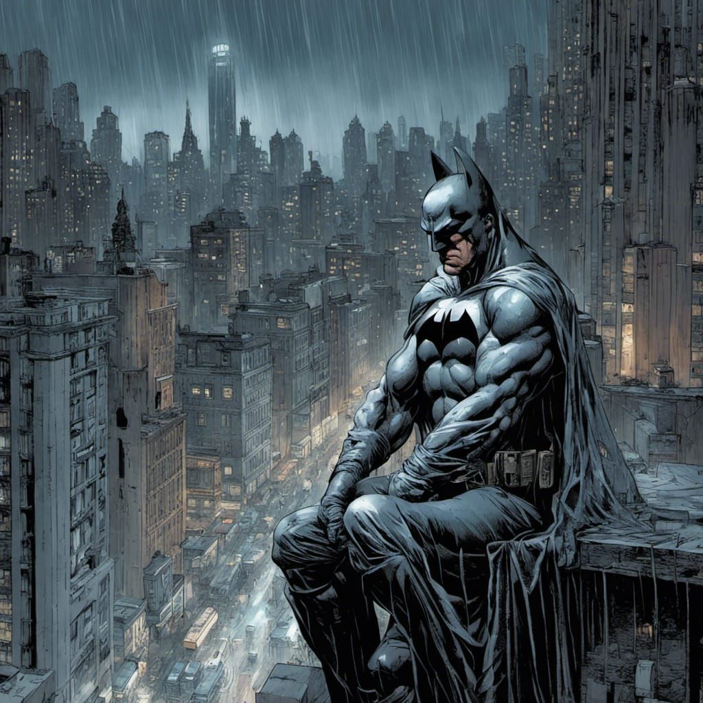Brooding Batman Statue Over Gotham in Comic Art Style