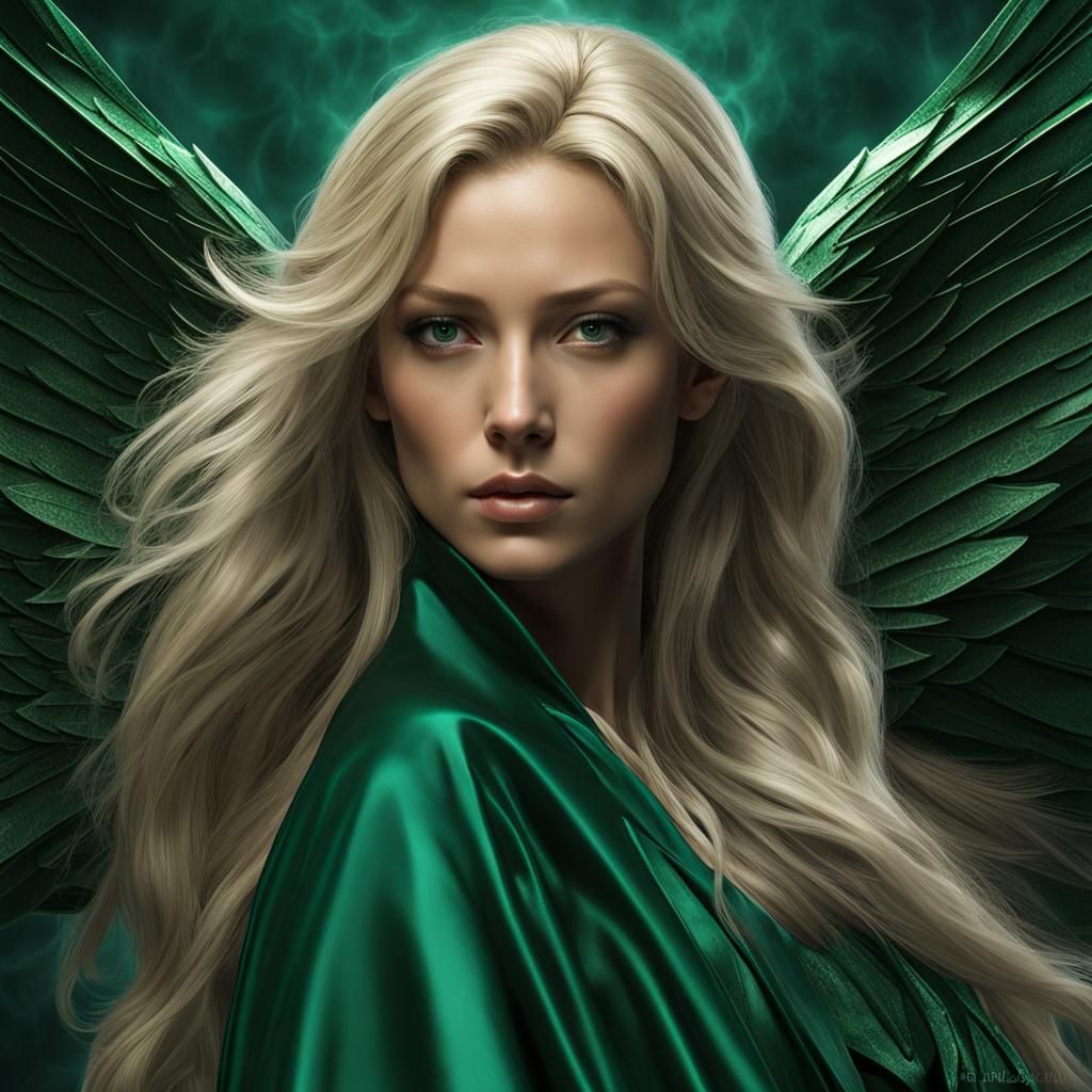 Angel Woman in Emerald Robes, Detailed Portrait