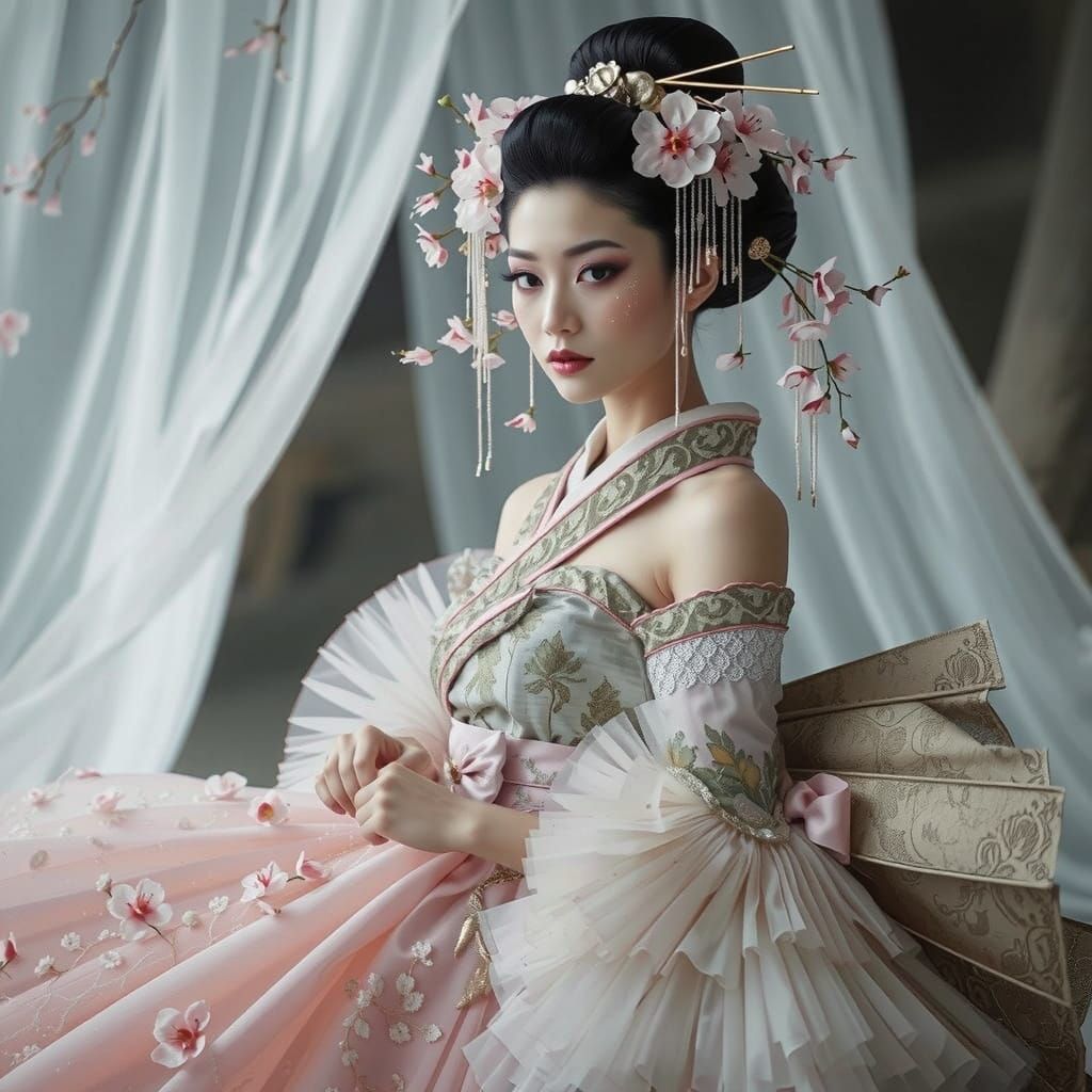 Ethereal Geisha in Rococo-Inspired Crinoline