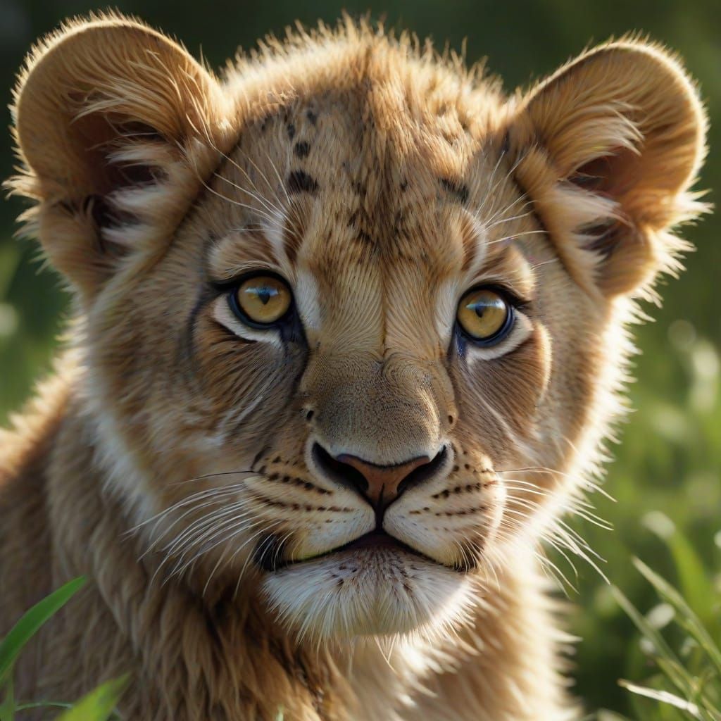 Photorealistic Baby Lion Cub Portrait in a Lush Savannah