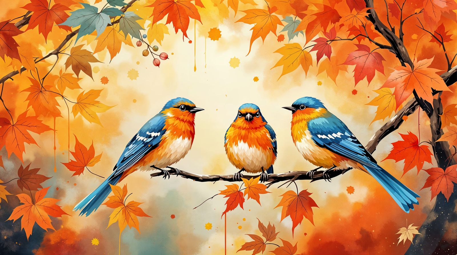 Autumnal Birds in Vibrant Impressionistic Style
