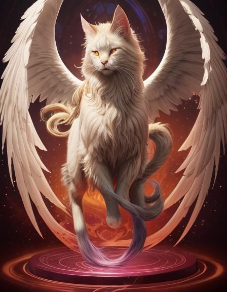 Extreme Wide shot of A majestic LIGHT BLONDE angel cat with white angel wings and long tail, in profile, BROWN eyes and ...
