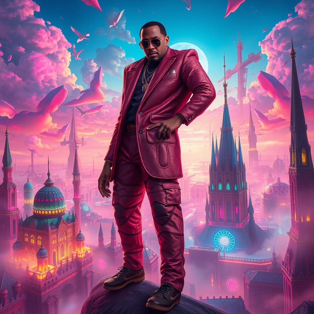 Majestic Hip-Hop Mogul in Vibrant Dystopian Metropolis