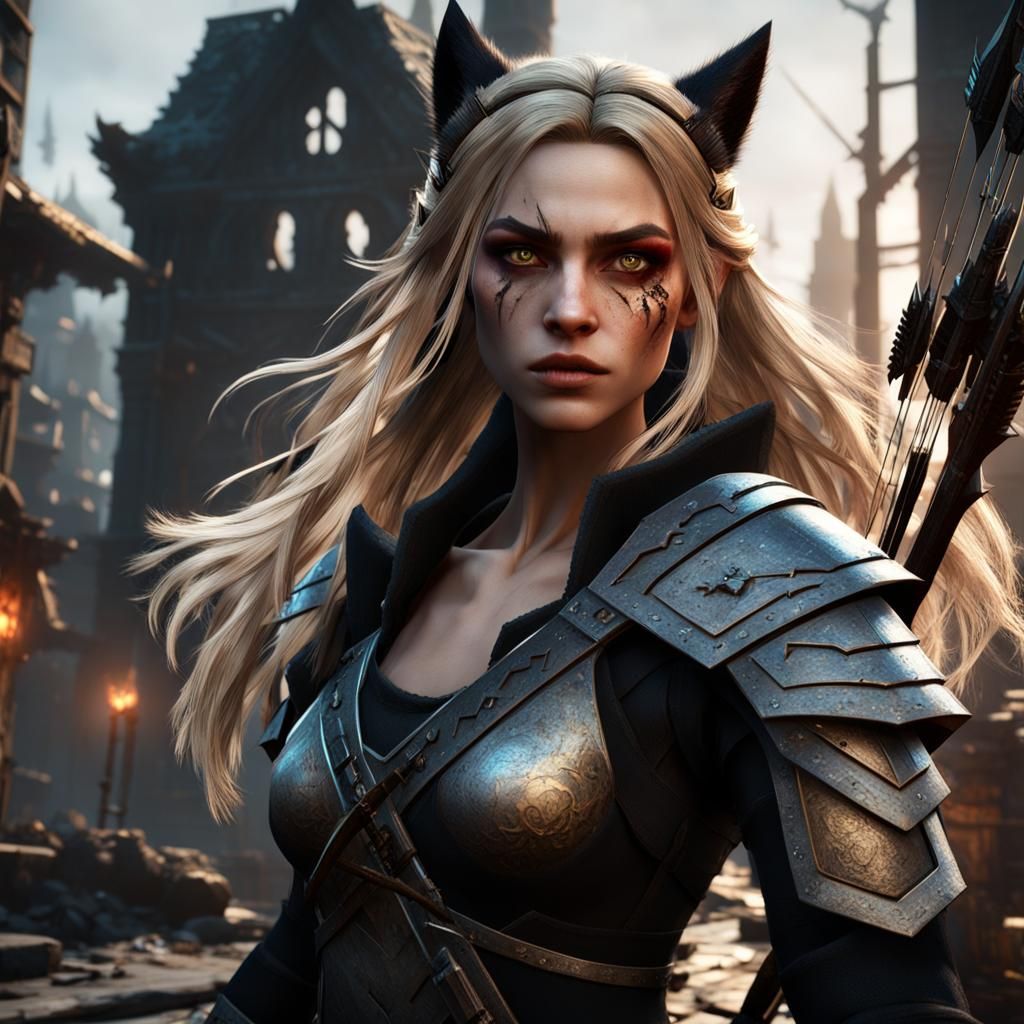 Wolf-Eared Woman in Ruined City: 3D Game Art