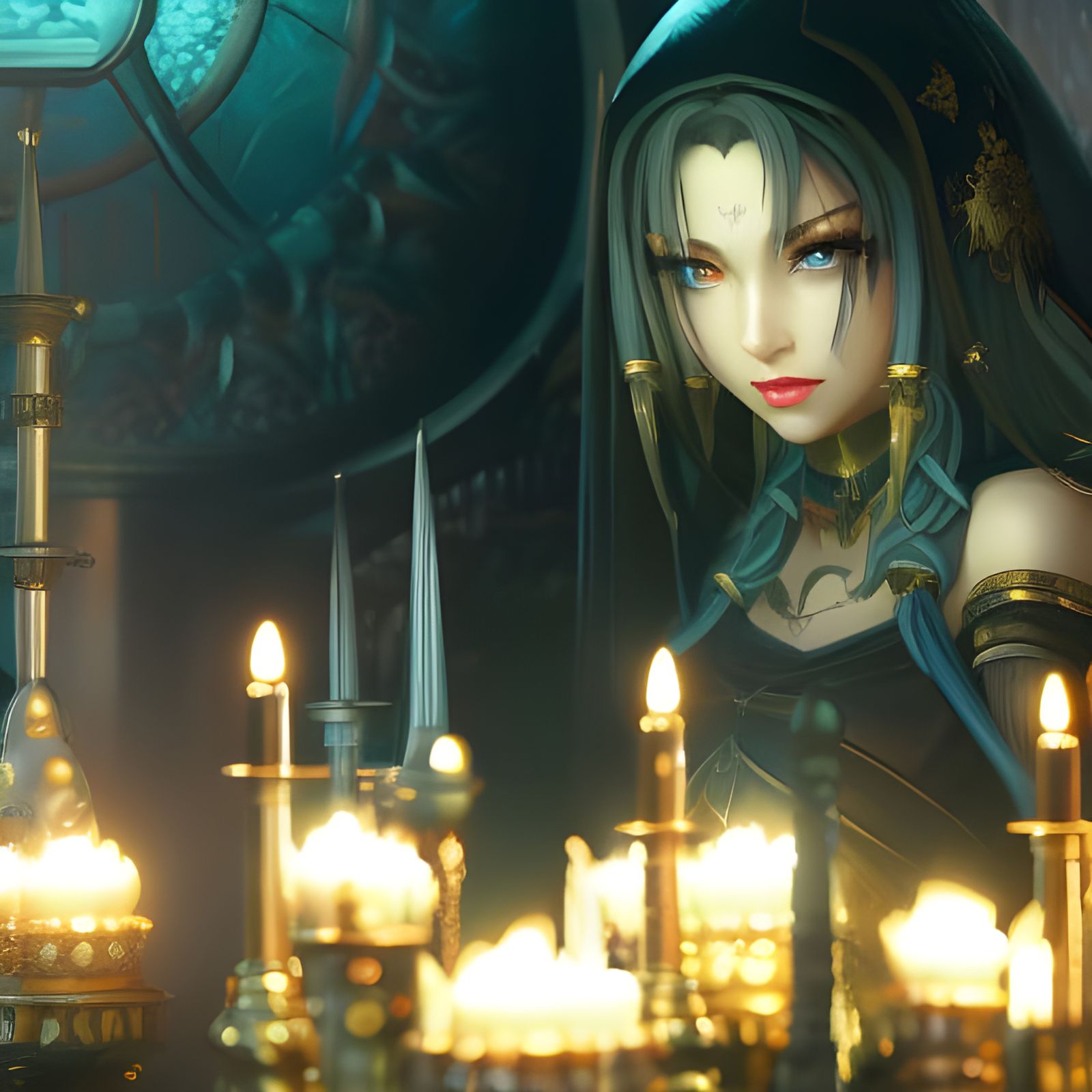 Dark Sorceress Brewing Potions in Dungeon Lab