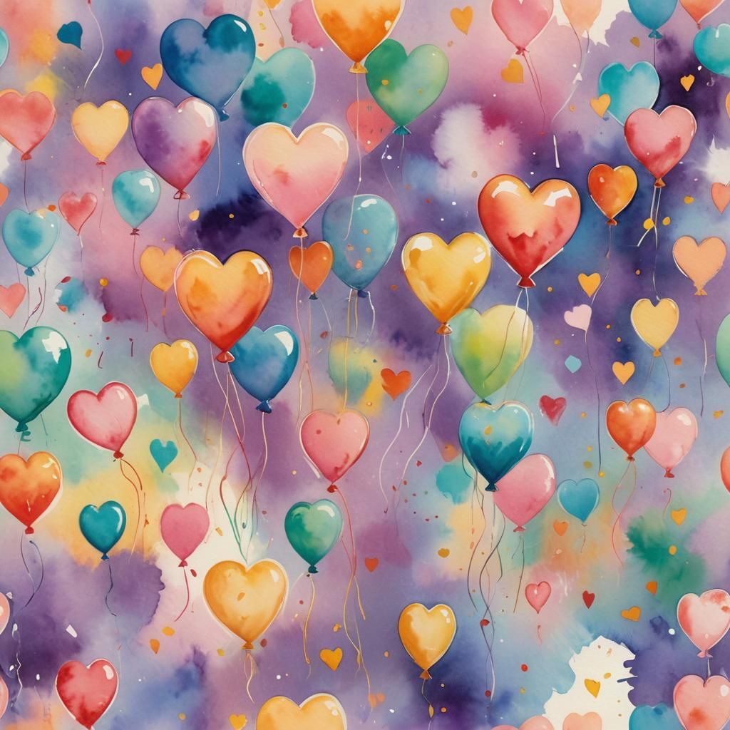 Pastel Watercolor Hearts and Balloons in Fauvist Style