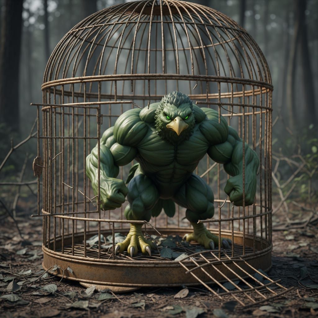 Muscular Green Bird Escapes Broken Birdcage