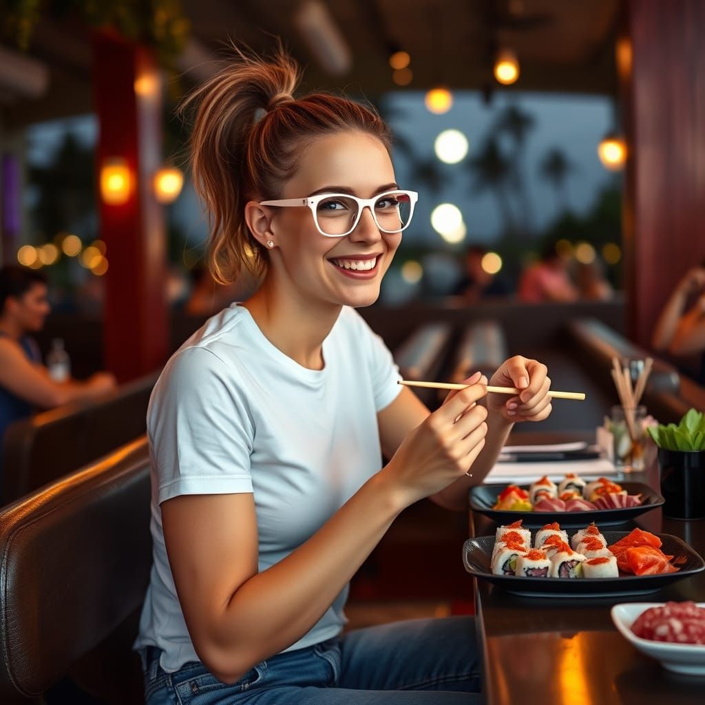 Joyful Woman Savoring Sushi in Editorial Style