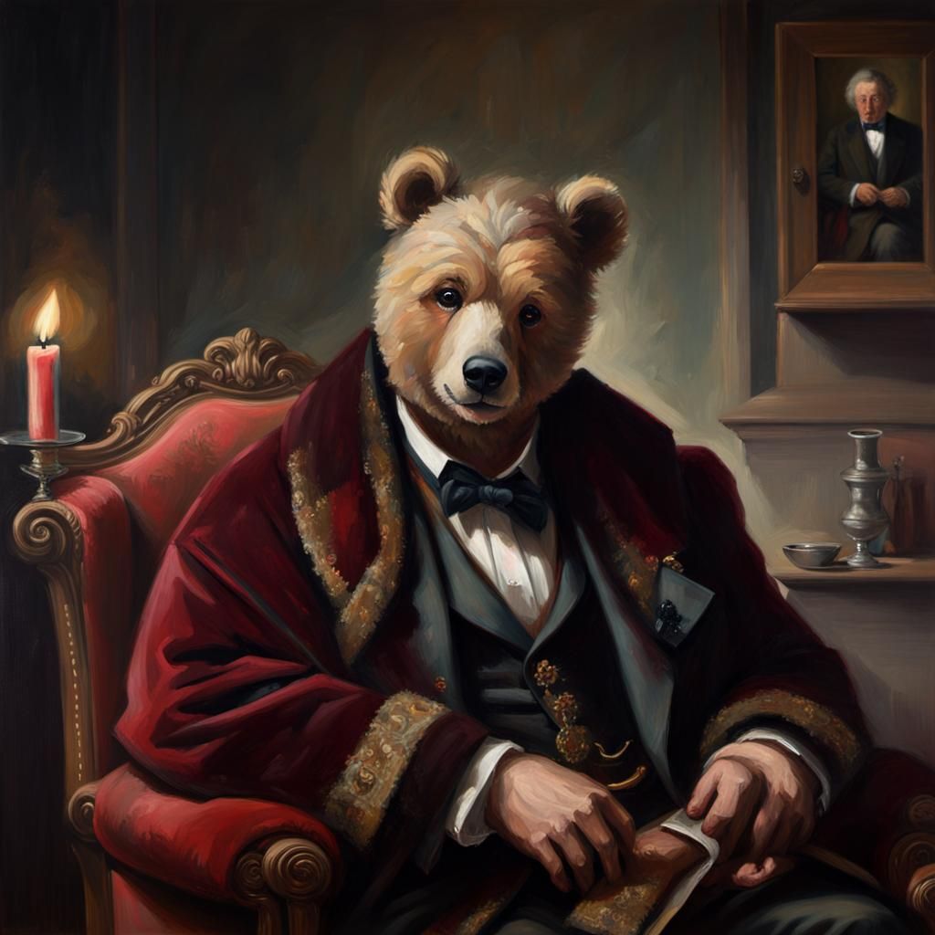 Oil painting of a teddy bear sitting in a wing arm chair, wo...