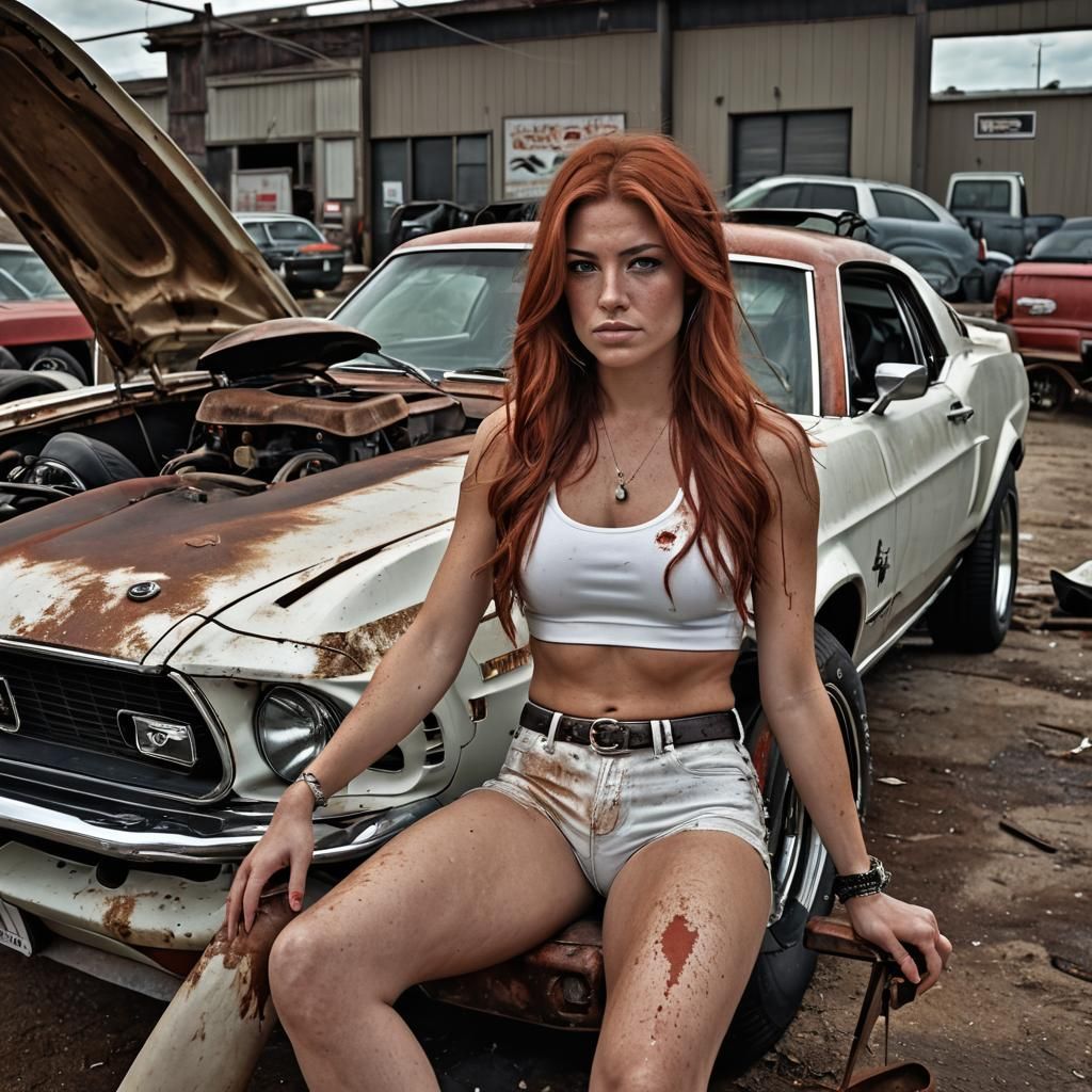 Vintage Mustang with Woman Mechanic: HDR Automotive Scene