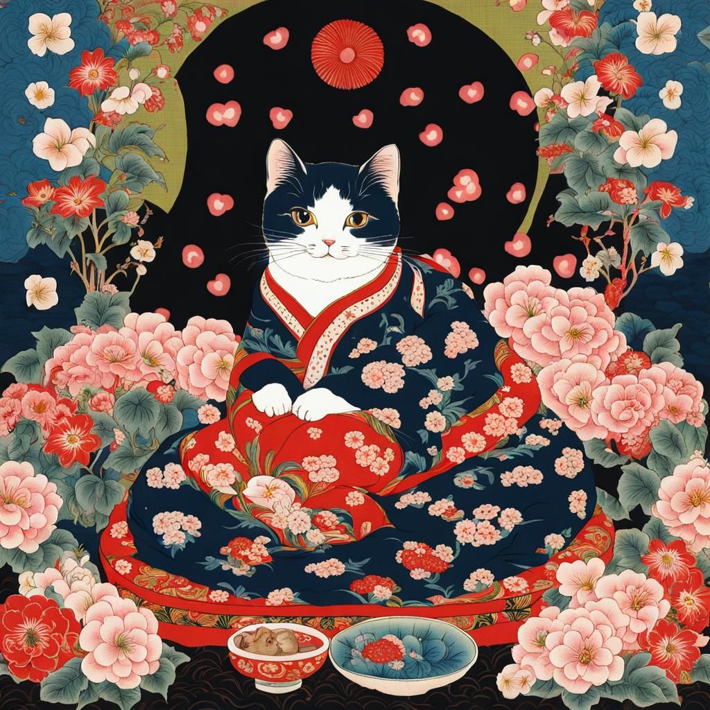 Ukiyo-e Cat Surrounded by Flowers and Heart Lights
