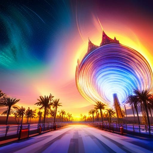 Tropical Theme Park with Roller Coasters at Night