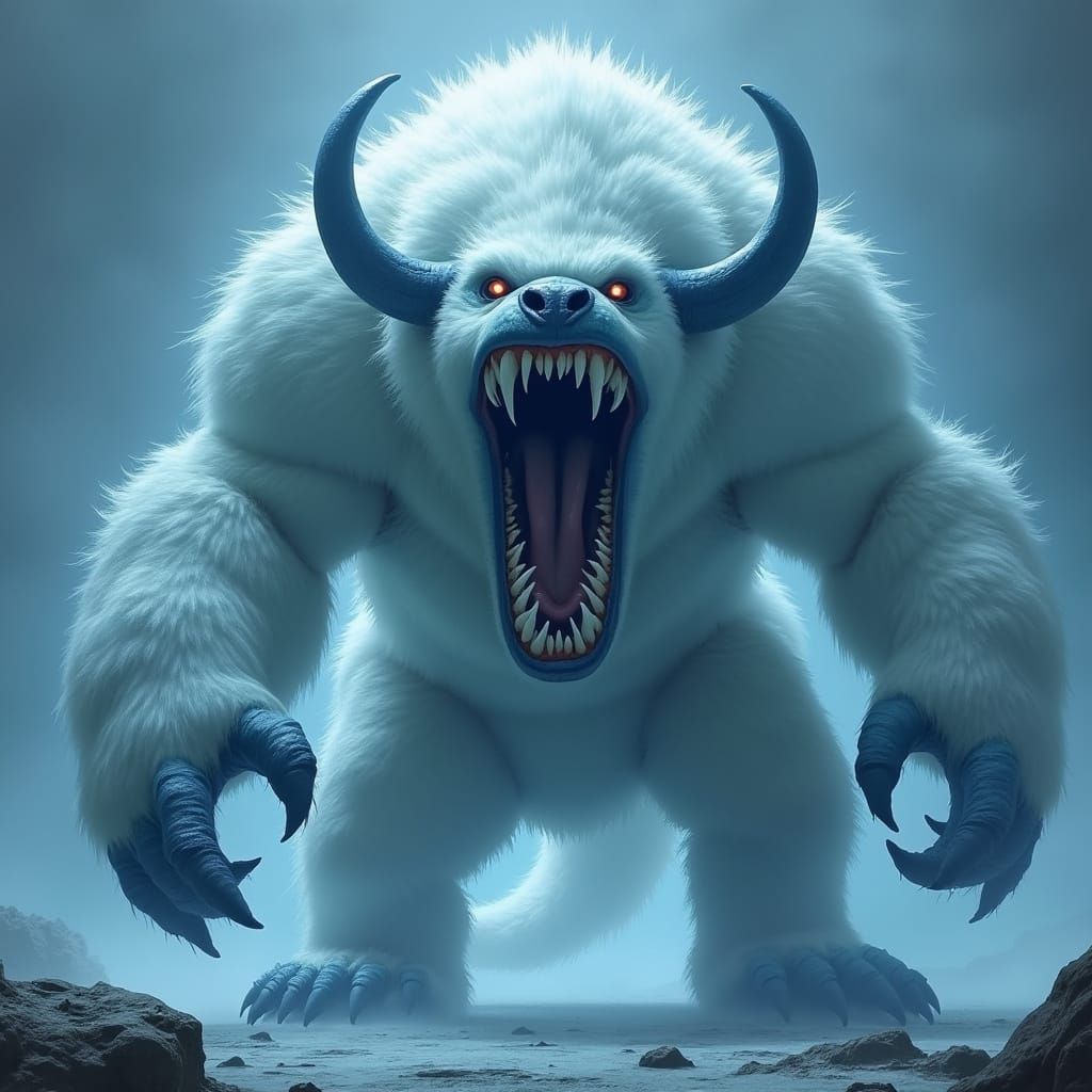 Fearsome Furry Monster with Icy Fangs, in Haunting Style