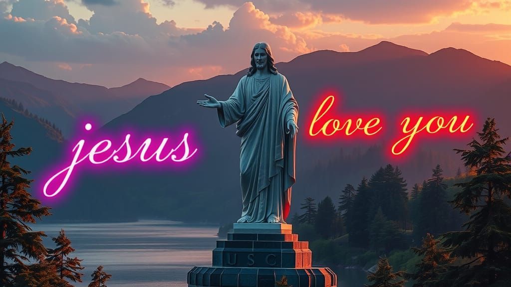 Jesus Statue with Neon Lights in Ethereal Style