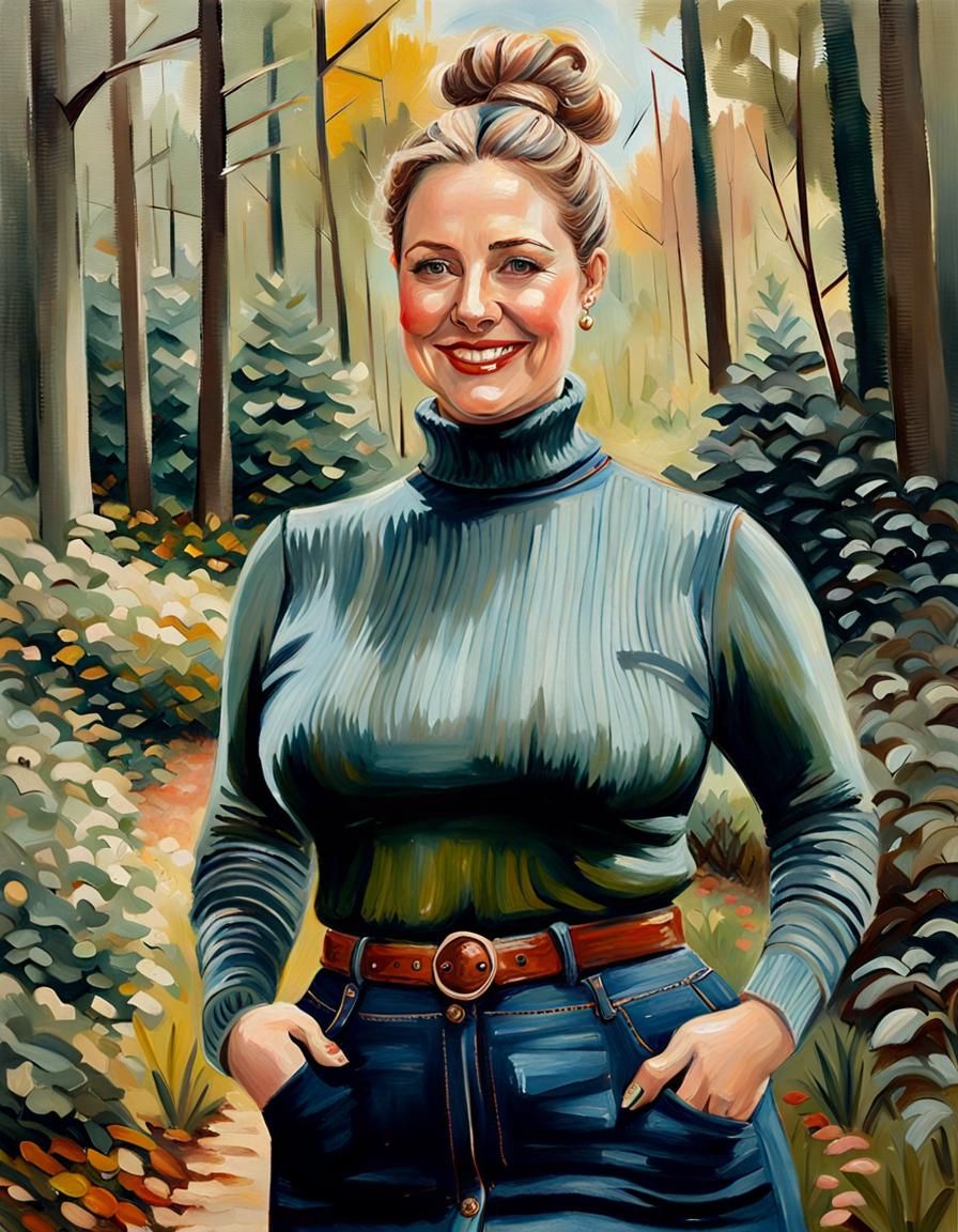 Elegant Woman in Forest Garden, Oil Painting
