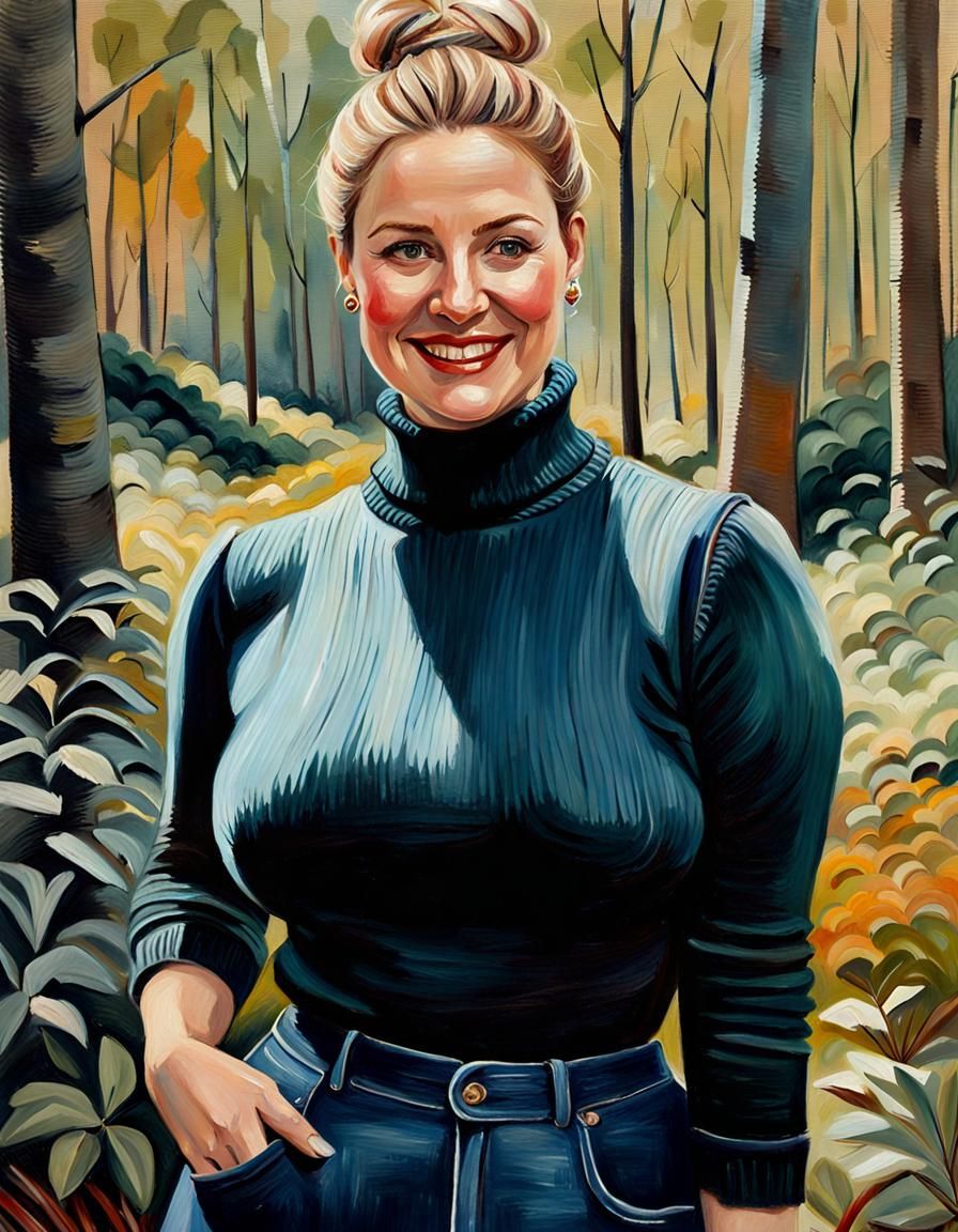 Elegant Woman in Forest Garden, Detailed Oil Painting