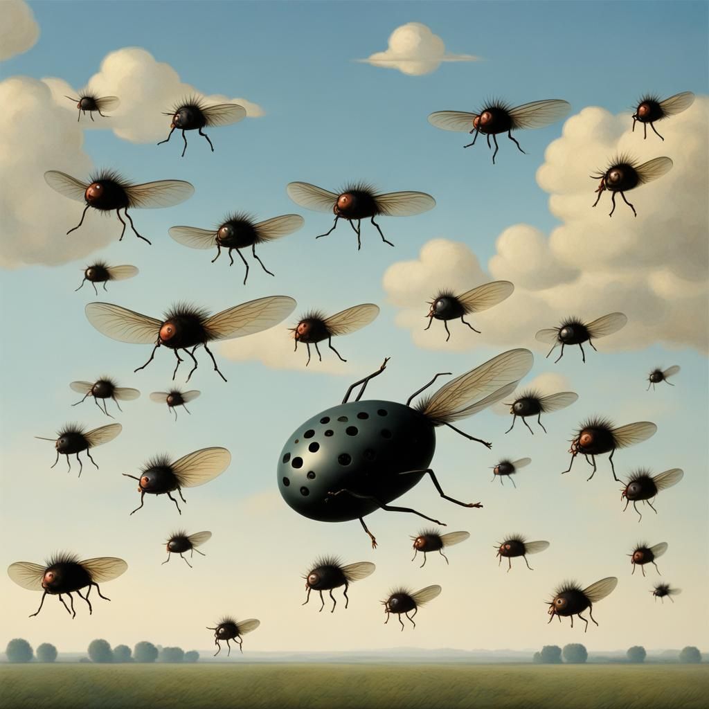 Surreal Flies in Flight: A Magritte-Inspired Scene
