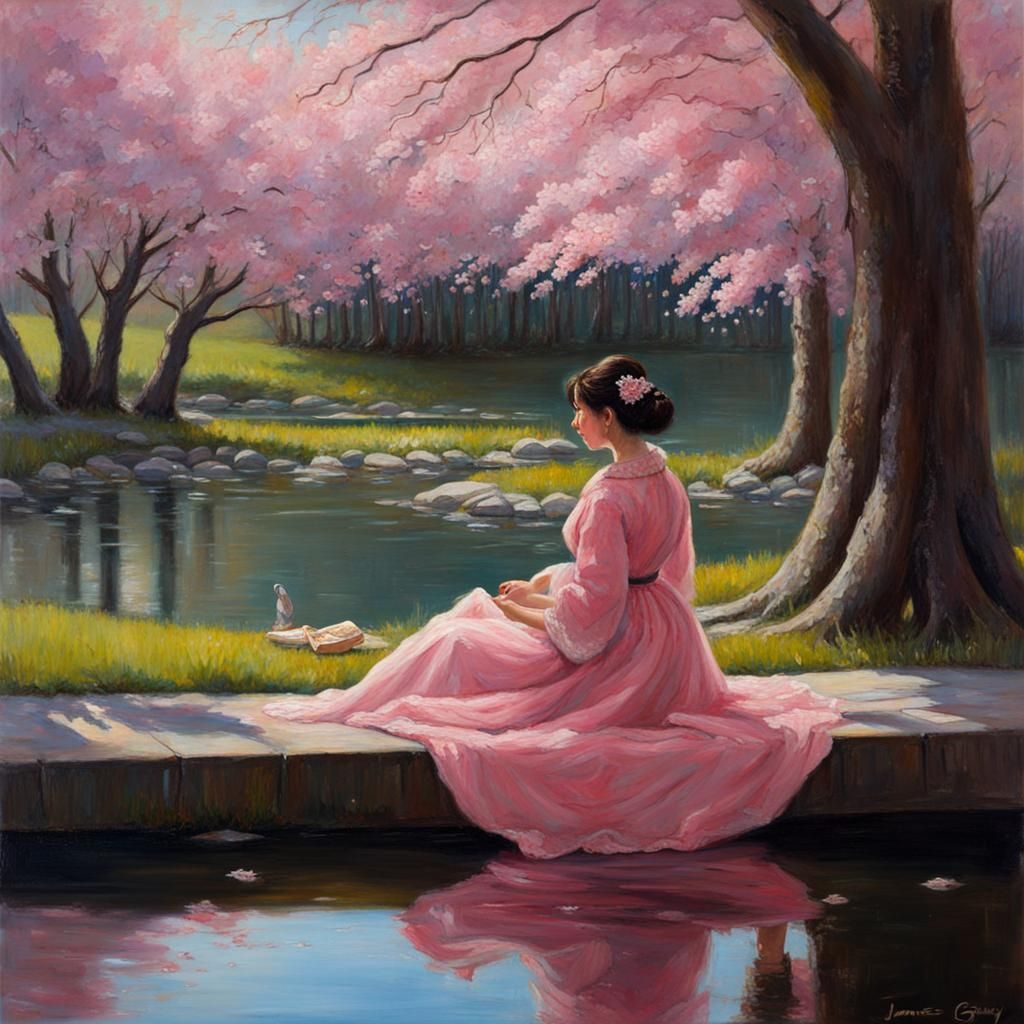 Woman in Pink Gown Watching Cherry Blossoms
