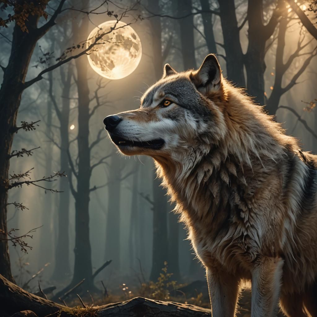 Lone Wolf Howling in Mystical Forest