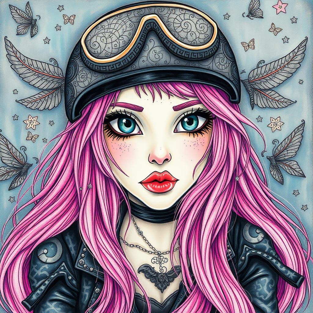 Whimsical Biker Girl with Zentangle Details