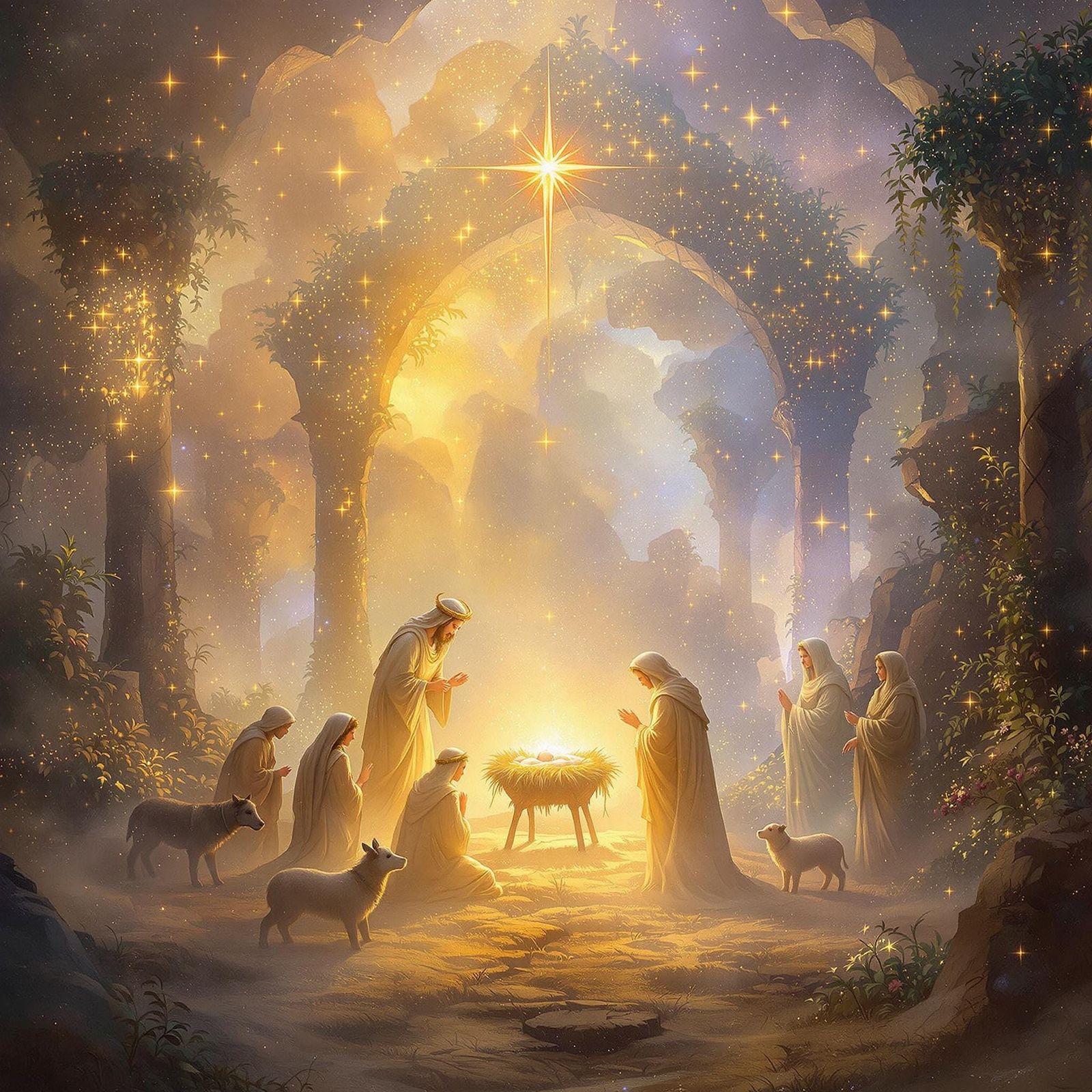 Surreal Nativity Scene in Whimsical Fantasy Style