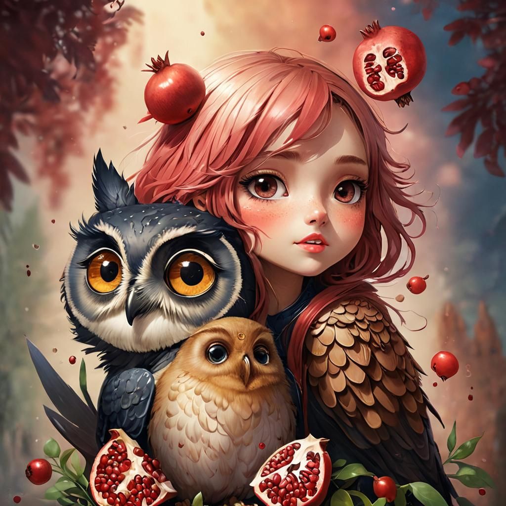 Chibi Owl Pomegranate Seeds in Anime Style