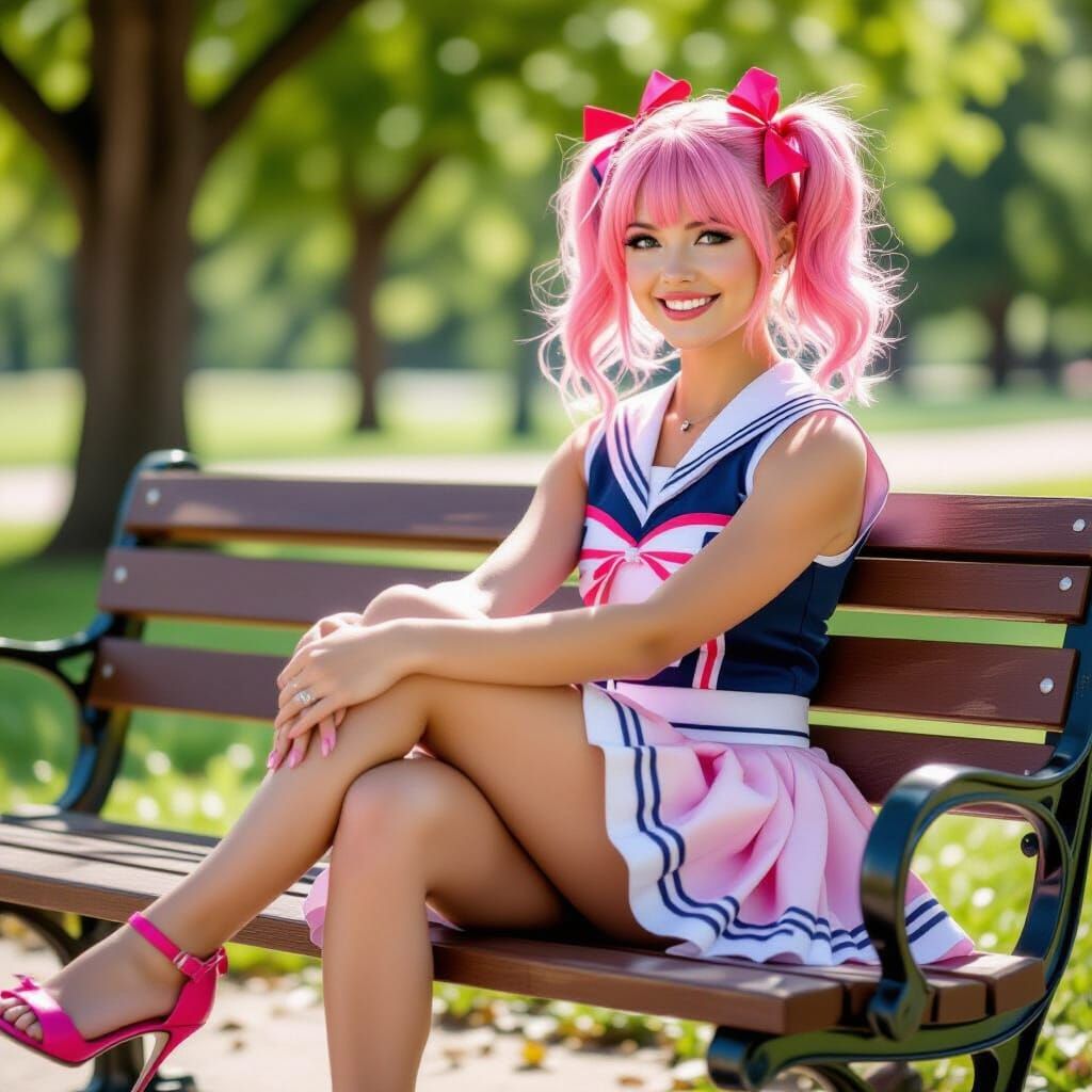 Pink Haired Cheerleader on Park Bench, Feet Focus