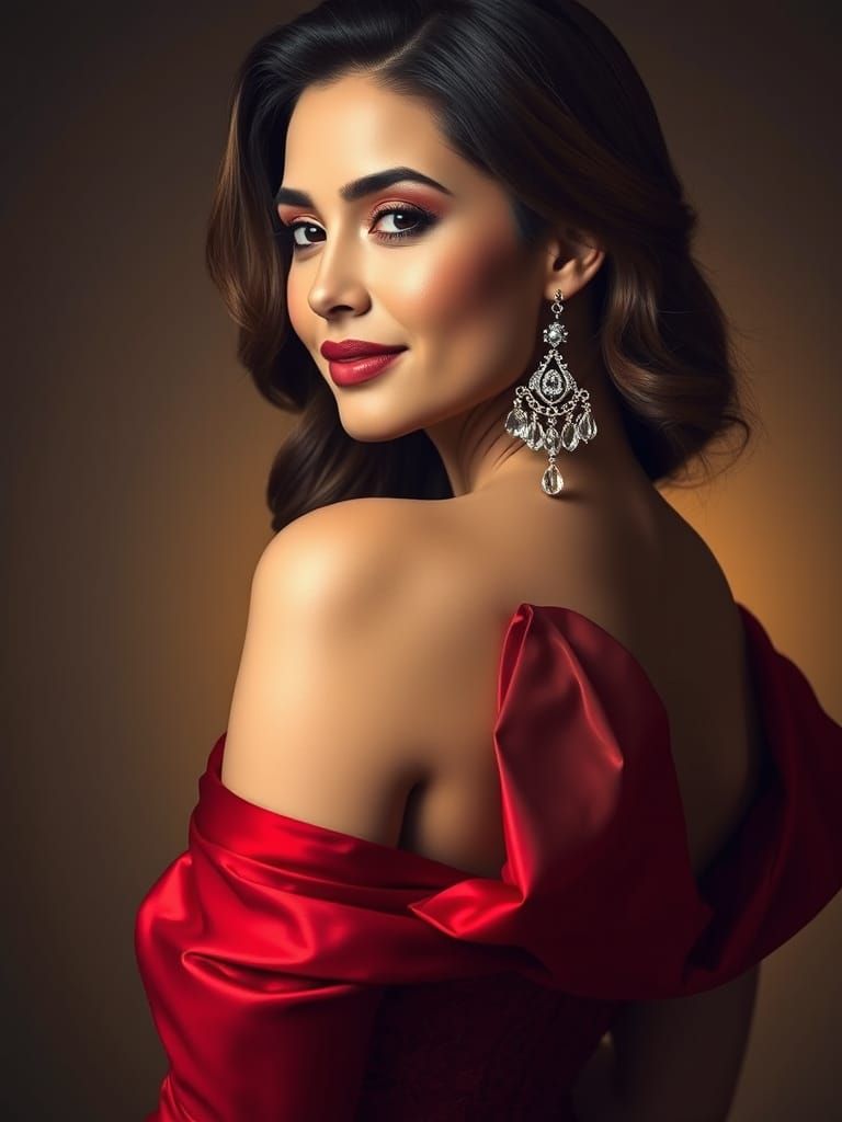 Elegant Portrait of a Woman in Crimson Evening Gown