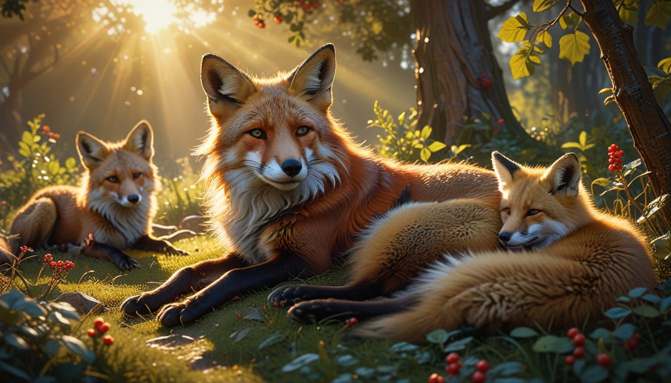 Red Fox Family Sleeps in Sunny Meadow Splash Art