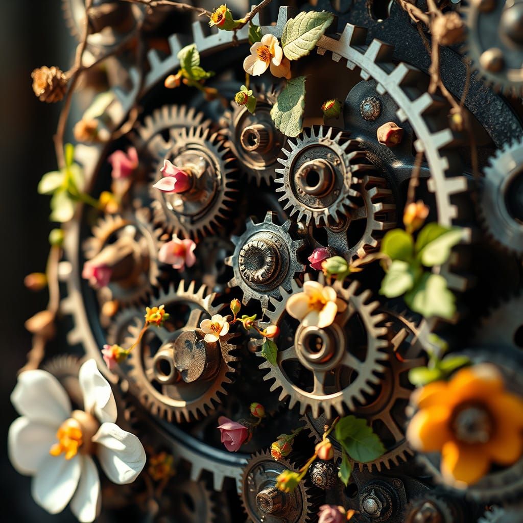 Intricate Mechanical Blooms in Industrial Botanical Style