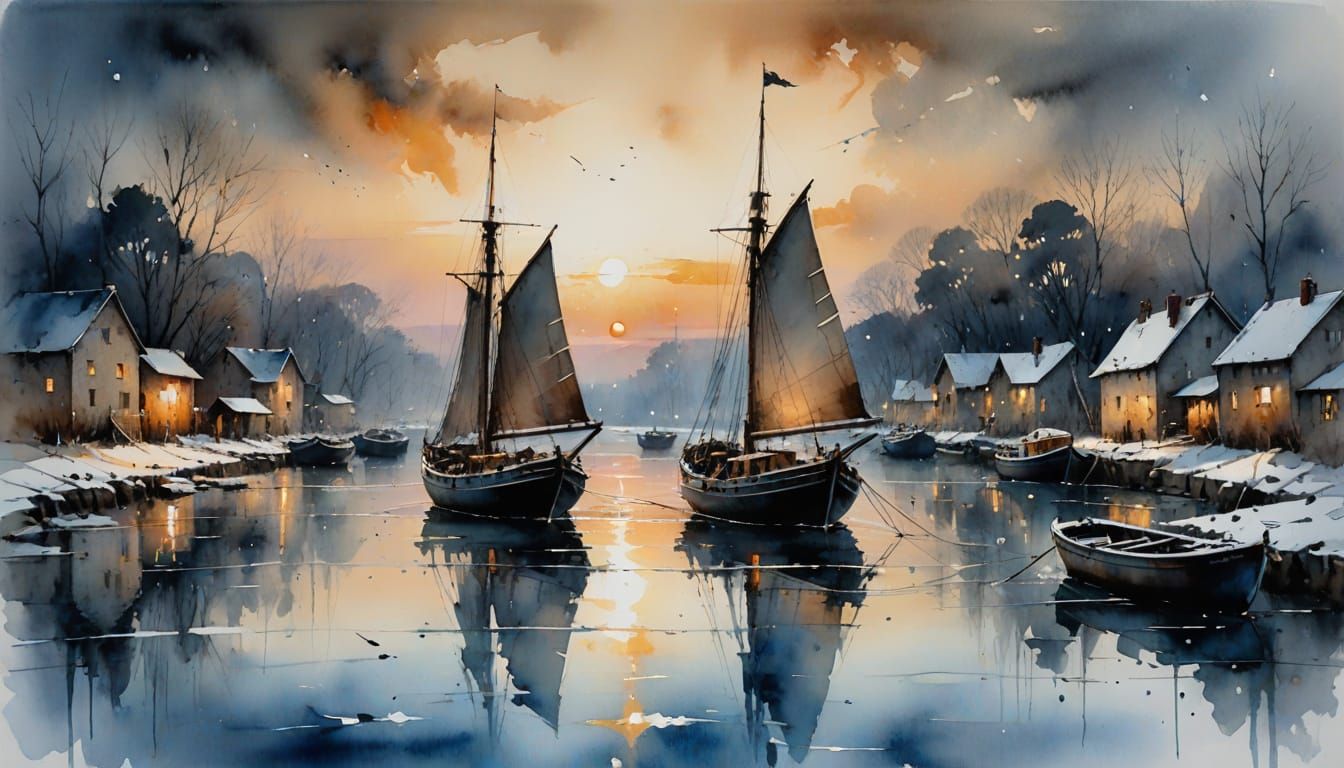 Old Boat Docked at Sunset in Winter Maritime Style