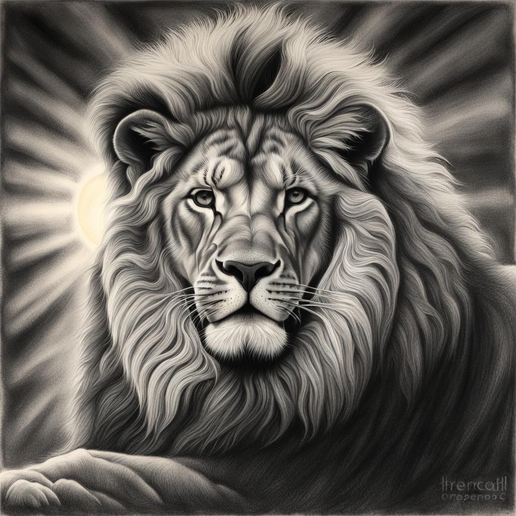 Hyperdetailed Charcoal Drawing of a Lion in Sunlight