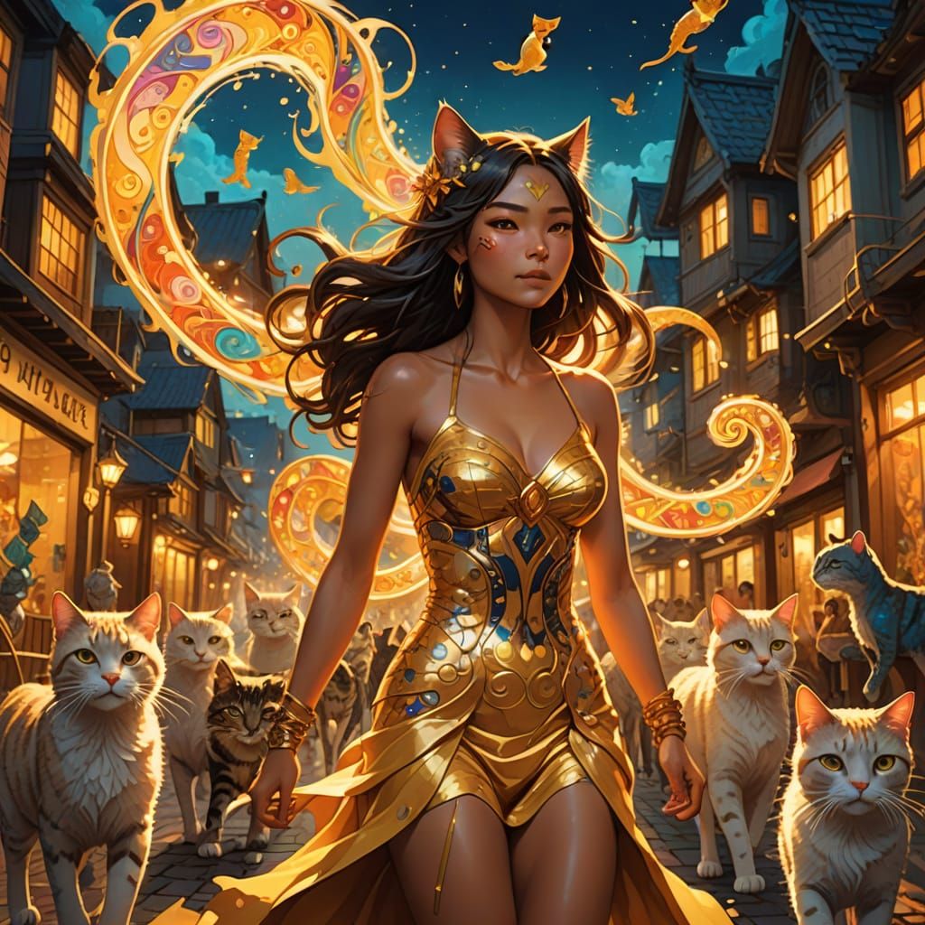 Surreal Cat Woman Leads Enchanted Tomcats in Vibrant Fantasy