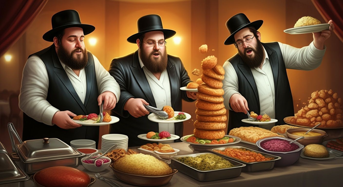 Hasidic Men Enjoying a Kosher Buffet in Comic Book Style