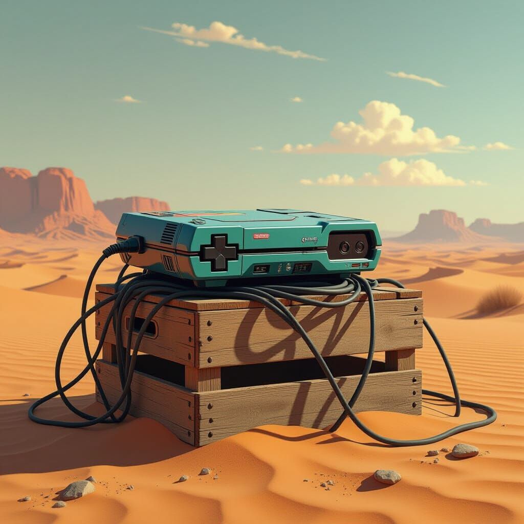 Futuristic Gaming Console in Arid Desert Landscape