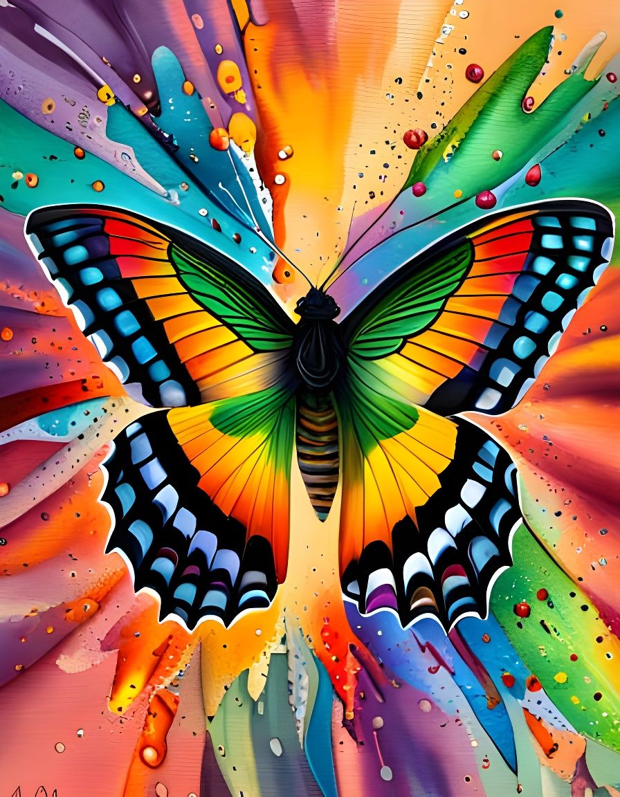 Iridescent Madagascar Sunset Moth in Watercolor Graffiti Sty...