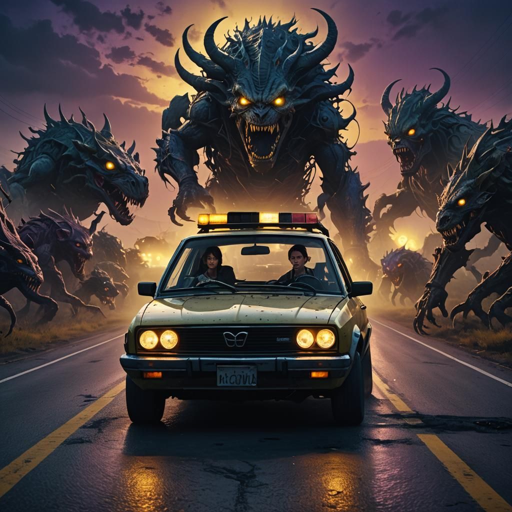 Terrified Driver on Monster Highway: Dark Fantasy Art