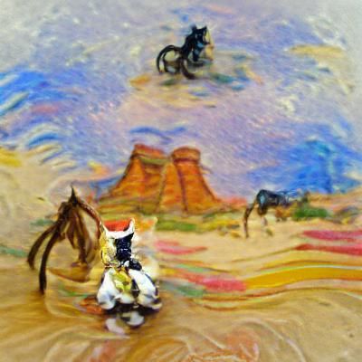 Impressionistic Cowboy Cat Riding Horse in Desert