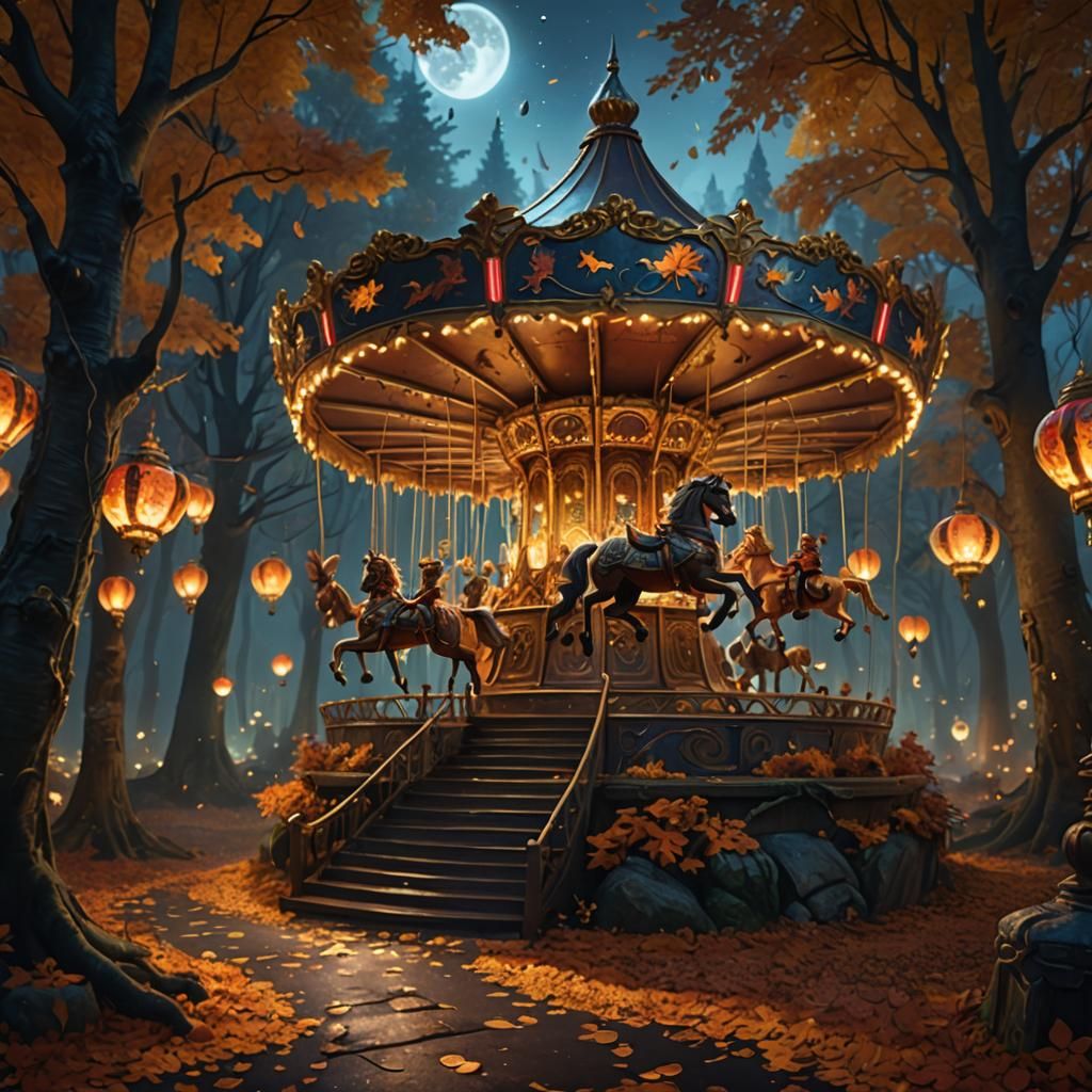 Mystical Carousel in Moonlit Forest, Fantasy Concept Art
