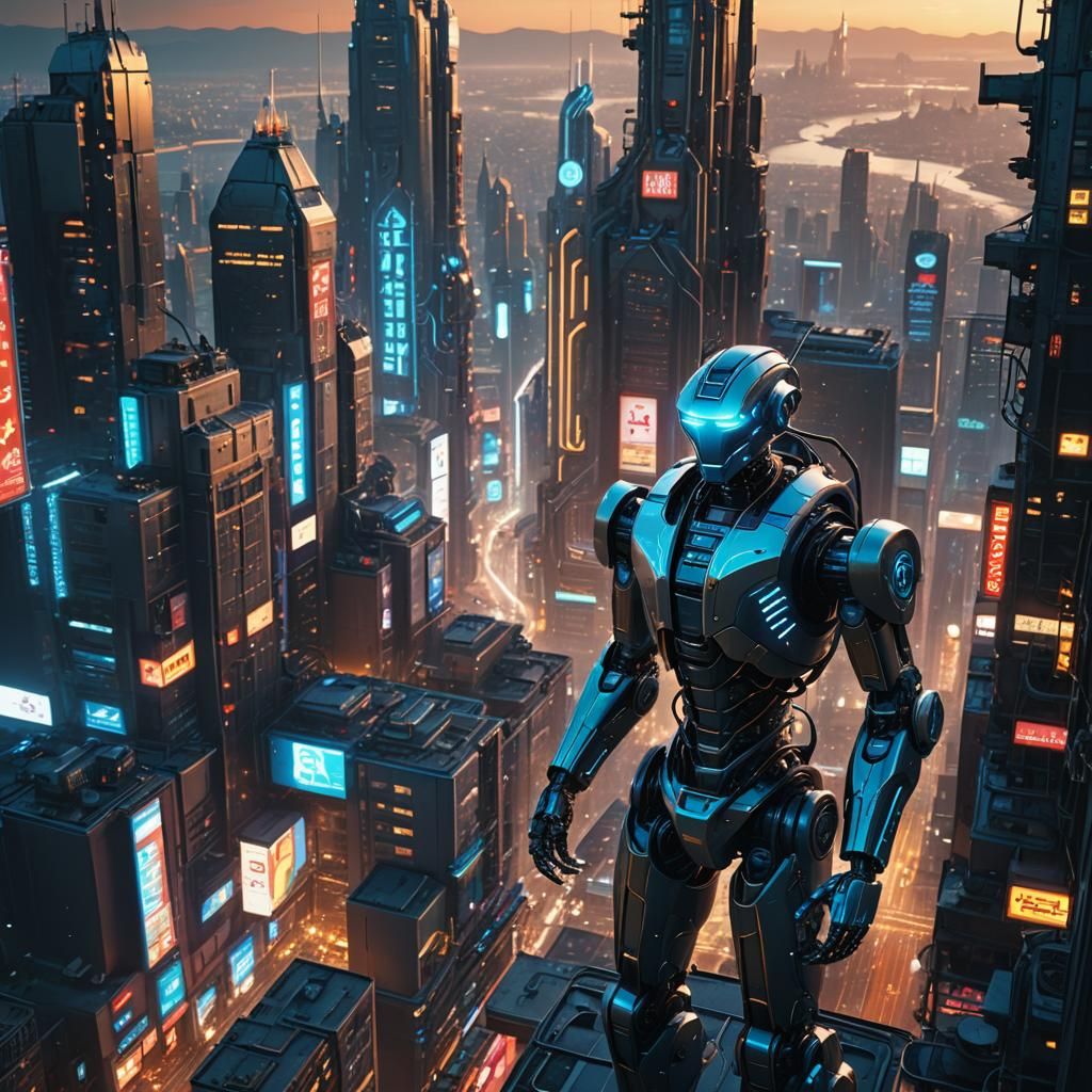 Futuristic Robot in Cyberpunk Cityscape