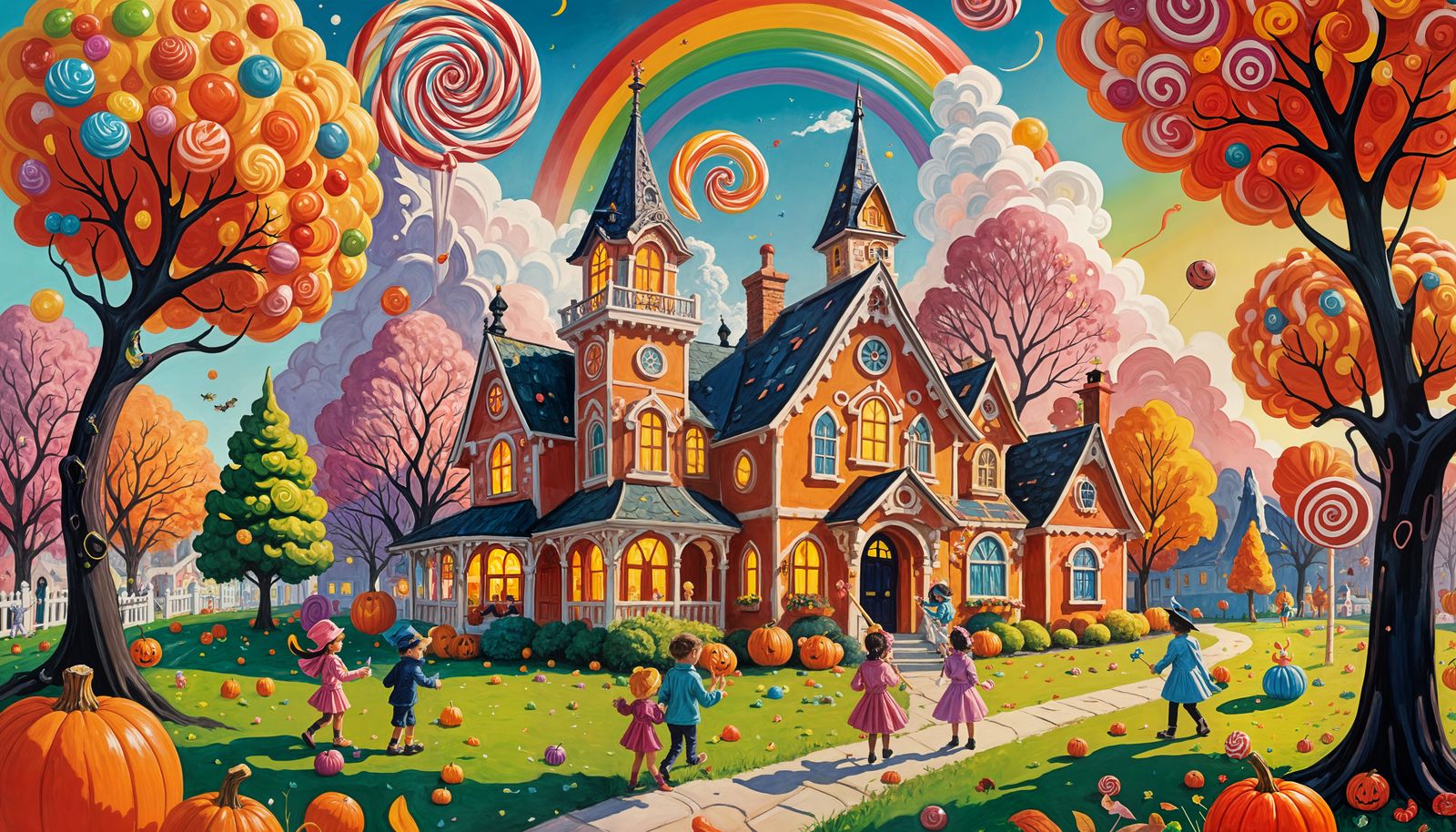 Children Trick-or-Treating in Vibrant Candyland