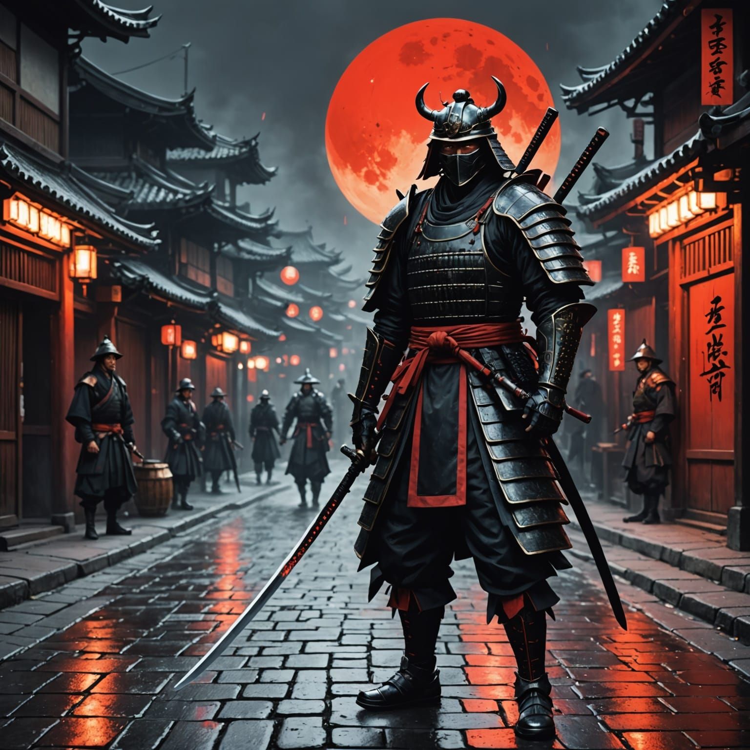 Samurai in Retro City with RGB Lights